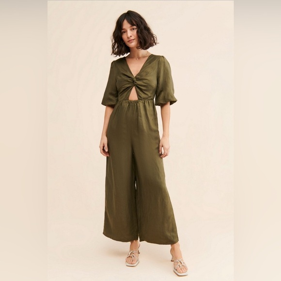 Anthropologie Pants - Anthropologie x Sancia the Aida Jumpsuit Keyhole Puff-sleeve Olive Green size L